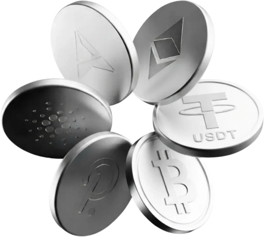 A ring of silver coins for Bitcoin, Ethereum, USDT, Cardano, Polkadot and more